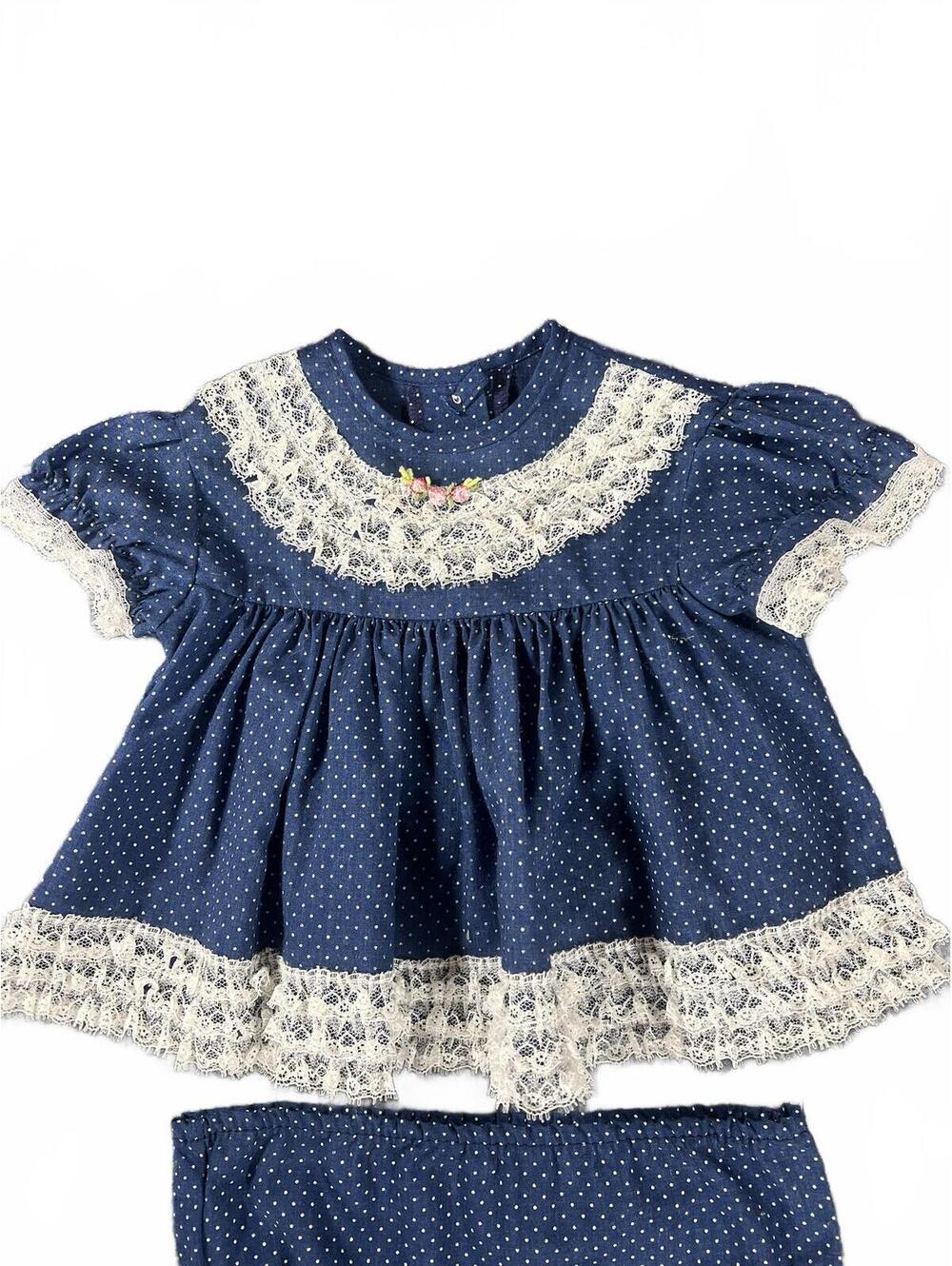 Vintage Sears Baby Dress & Bloomers Set Blue Polka Dot Lace Toddler Outfit